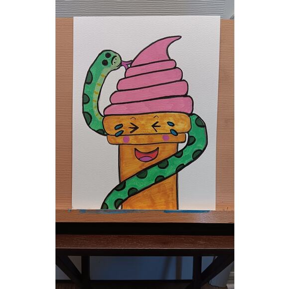 Kawaii Strawberry Ice Cream & Snake 9x12 Inch OOAK Original Acrylic Painting - Picture 2 of 2